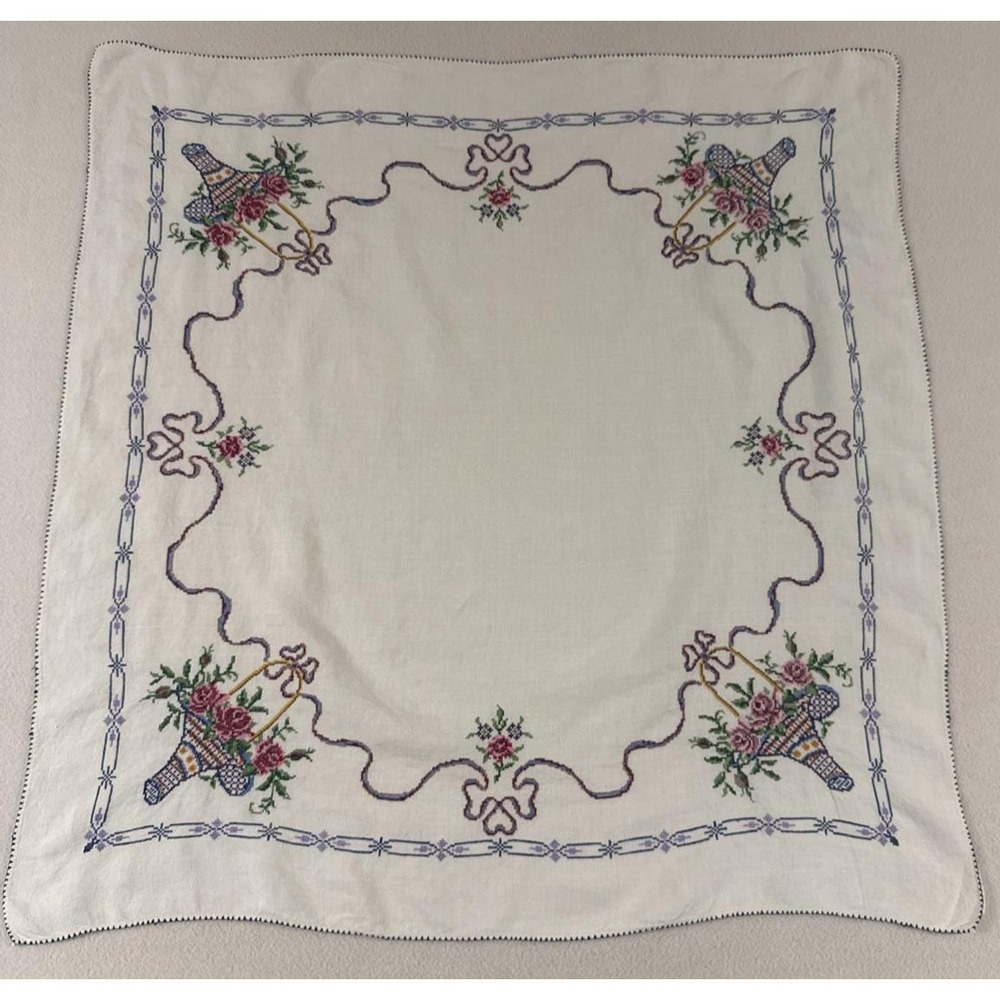 Vtg Cross Stitch Cotton Tablecloth 33" Square Flower Basket Roses Floral Ribbons